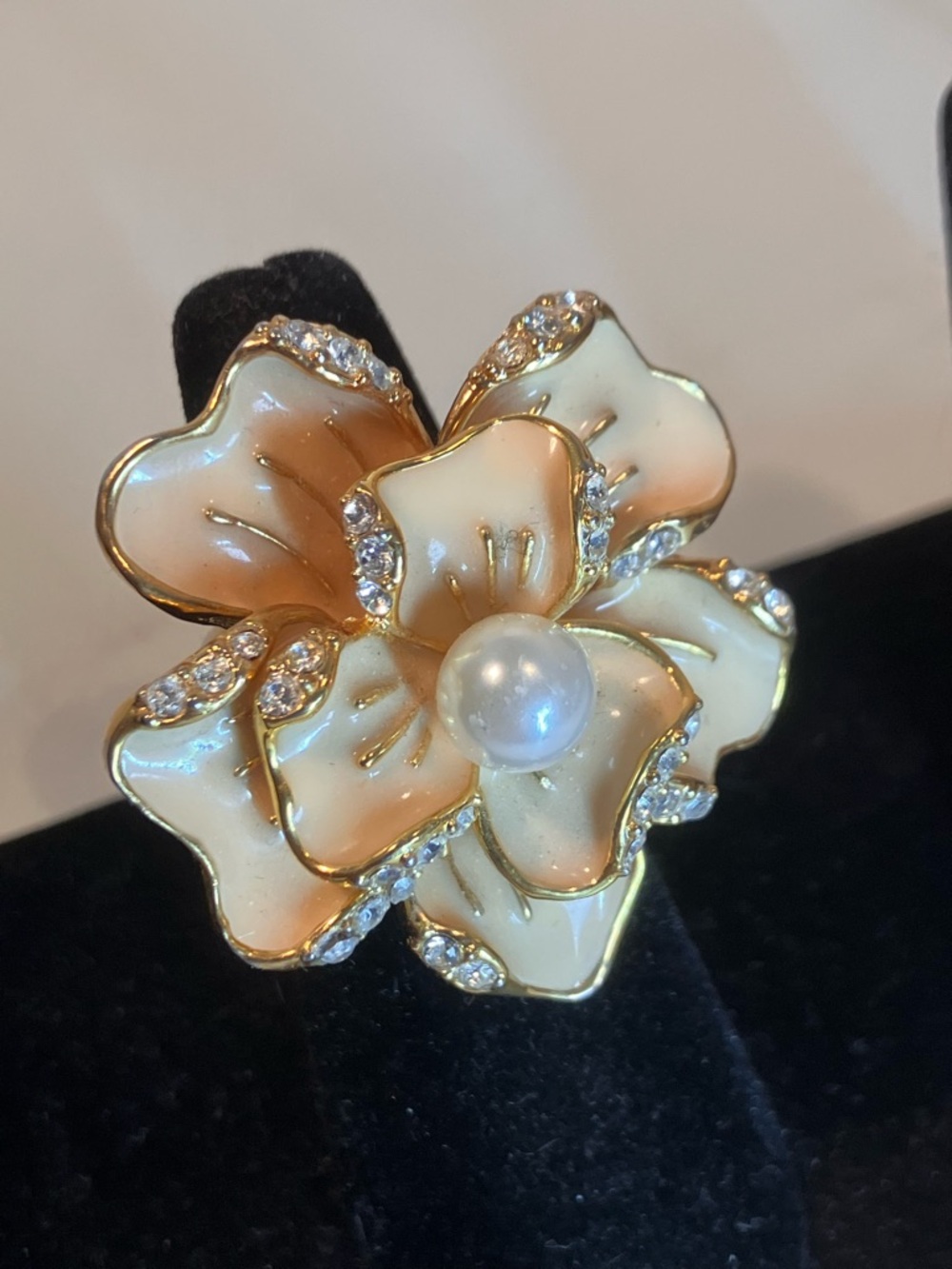 Gorgeous large floral ‘Angelina’ ring. Enamel, pearl & crystal. Size 7 1/2